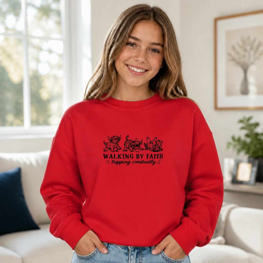 Youth Walking By Faith Highland Cow T Shirt & Crewneck Sweatshirt - Kids Embroidery
