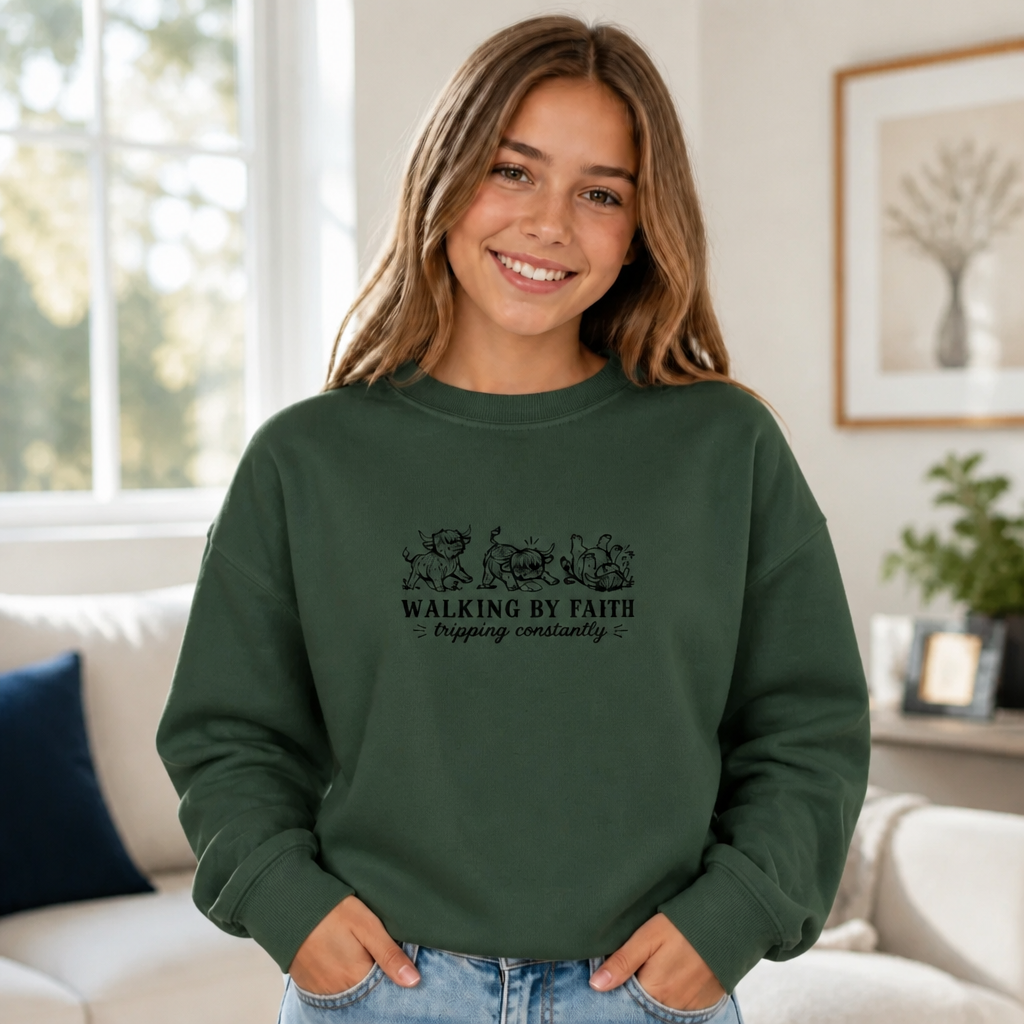 Youth Walking By Faith Highland Cow T Shirt & Crewneck Sweatshirt - Kids Embroidery
