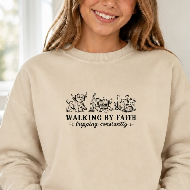 Youth Walking By Faith Highland Cow T Shirt & Crewneck Sweatshirt - Kids Embroidery
