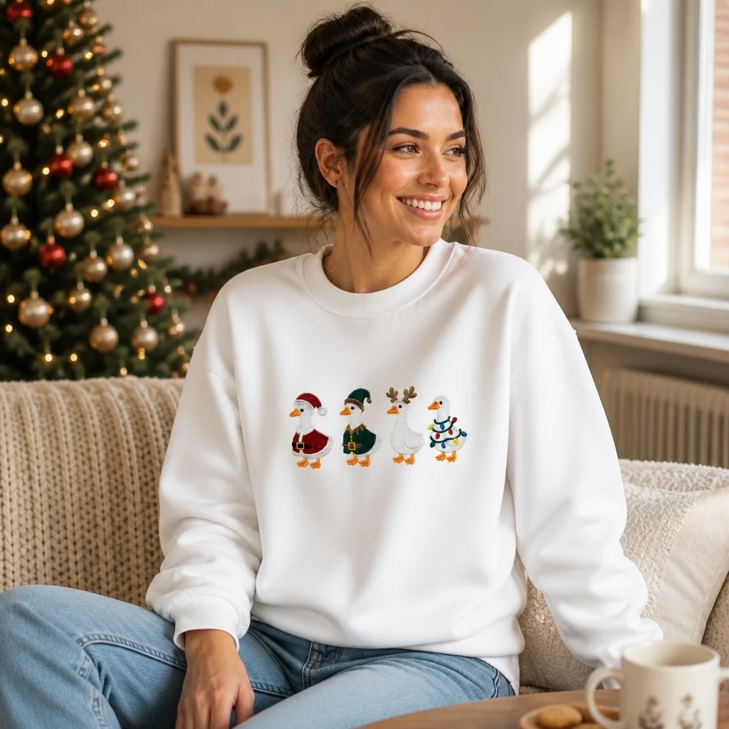 Adult Christmas Duck Crewneck Sweatshirt - Crewneck Adult Embroidery