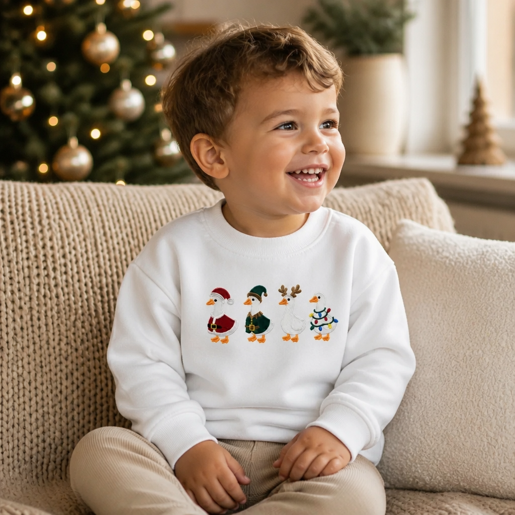 Youth & Toddler Christmas Duck T Shirt & Crewneck Sweatshirt - Kids Embroidery