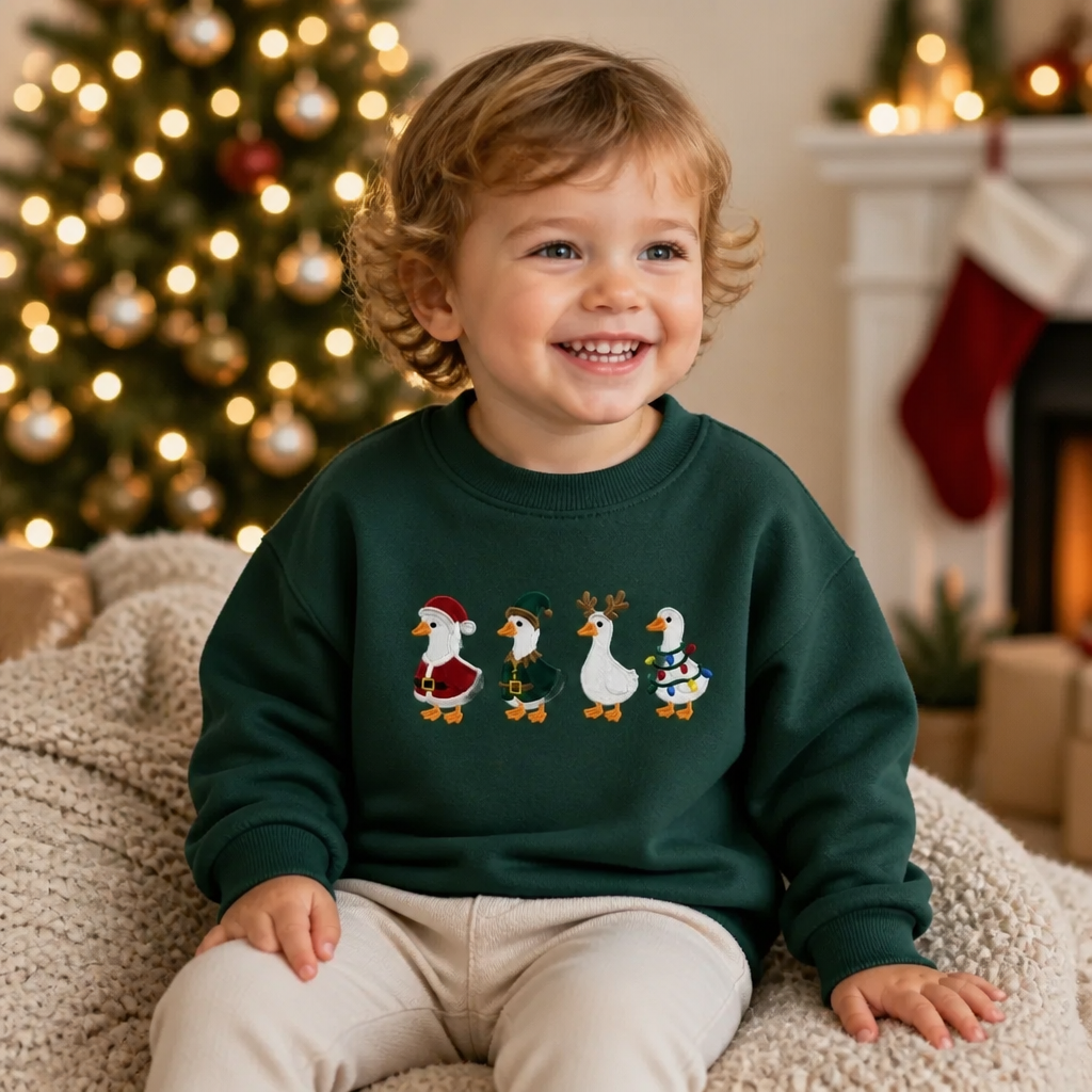 Youth & Toddler Christmas Duck T Shirt & Crewneck Sweatshirt - Kids Embroidery