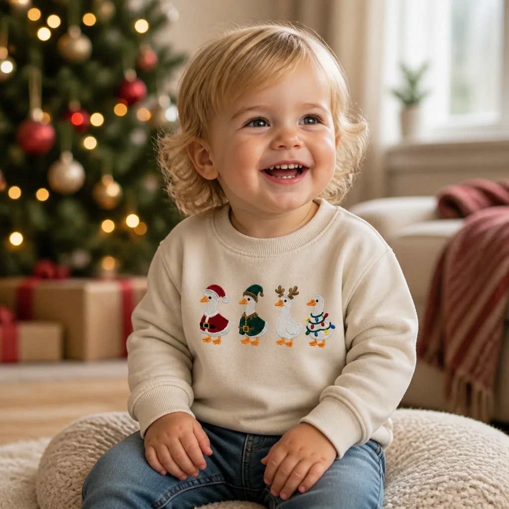 Youth & Toddler Christmas Duck T Shirt & Crewneck Sweatshirt - Kids Embroidery