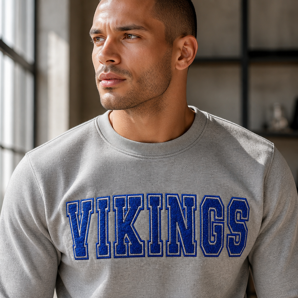 Vikings School Mascot Varsity Spirit Wear Embroidered - Crewneck Adult Embroidery