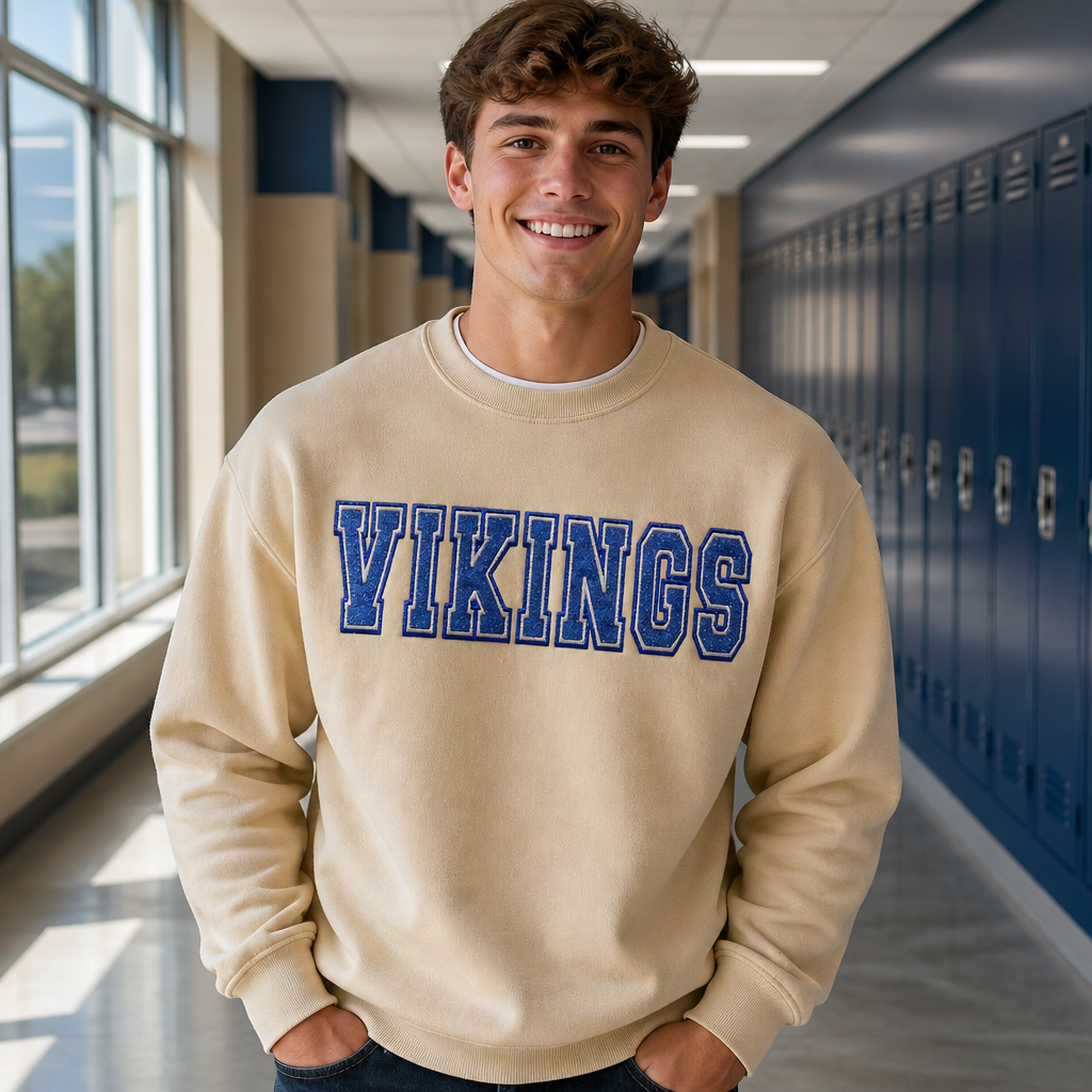 Vikings School Mascot Varsity Spirit Wear Embroidered - Crewneck Adult Embroidery