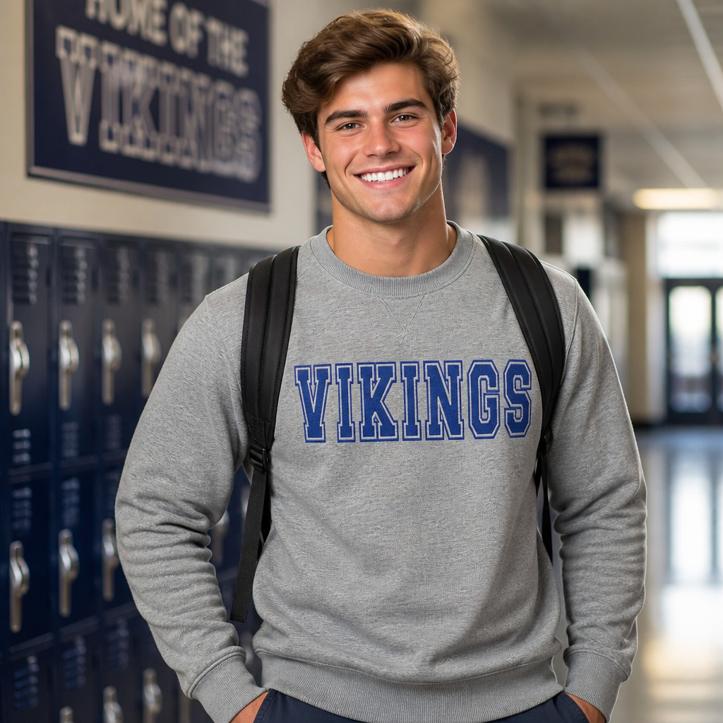 Vikings School Mascot Varsity Spirit Wear Embroidered - Crewneck Adult Embroidery