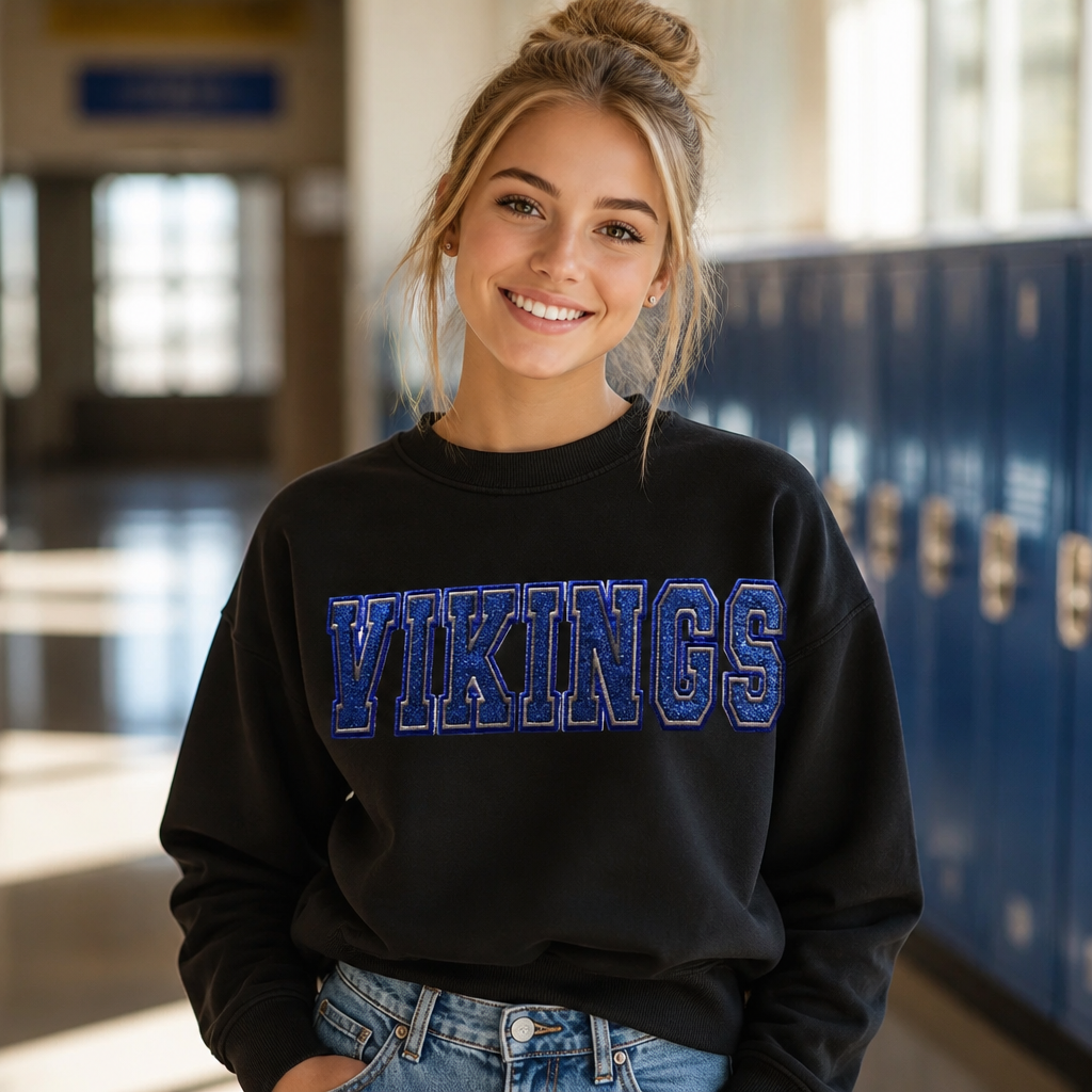 Vikings School Mascot Varsity Spirit Wear Embroidered - Crewneck Adult Embroidery