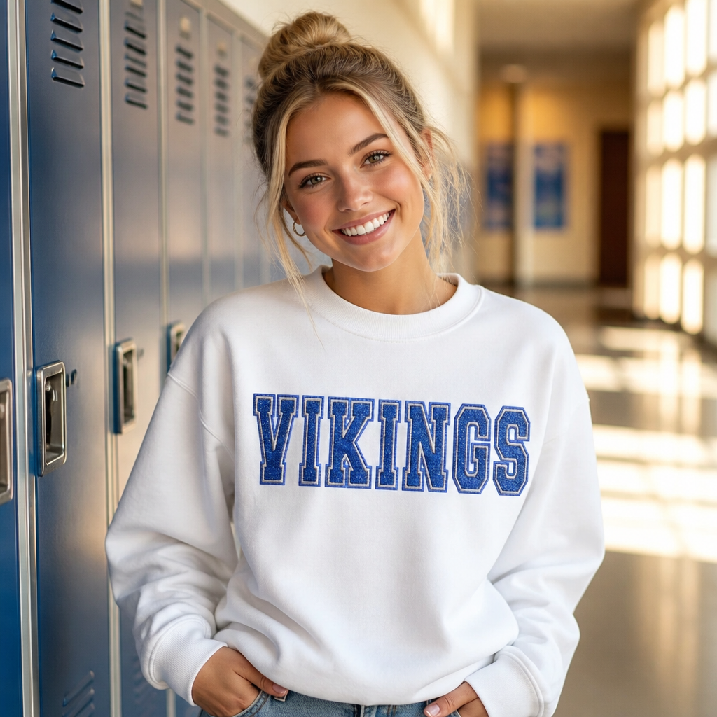 Vikings School Mascot Varsity Spirit Wear Embroidered - Crewneck Adult Embroidery