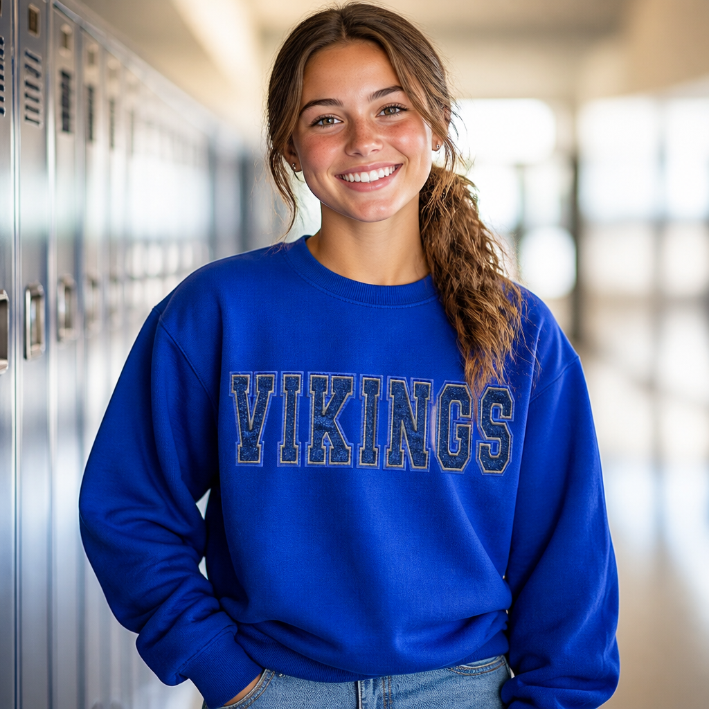 Vikings School Mascot Varsity Spirit Wear Embroidered - Crewneck Adult Embroidery