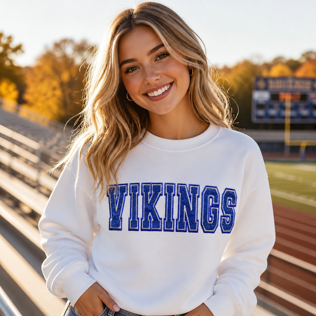 Vikings School Mascot Varsity Spirit Wear Embroidered - Crewneck Adult Embroidery