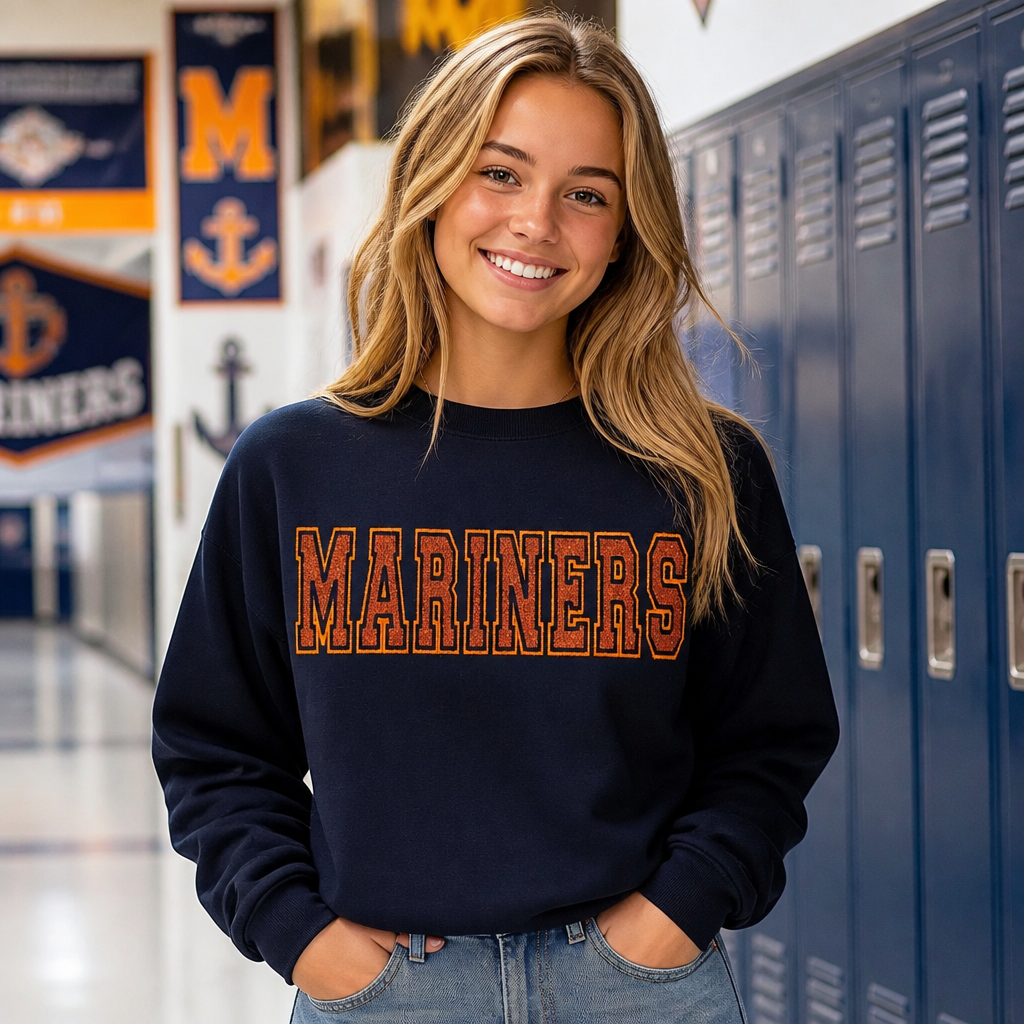 Mariners School Mascot Varsity Spirit Wear Embroidered - Crewneck Adult Embroidery