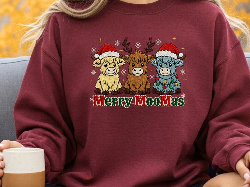 Merry MooMas Highland Cow Christmas DTF Transfer - Youth/Adult Direct To Film Transfer