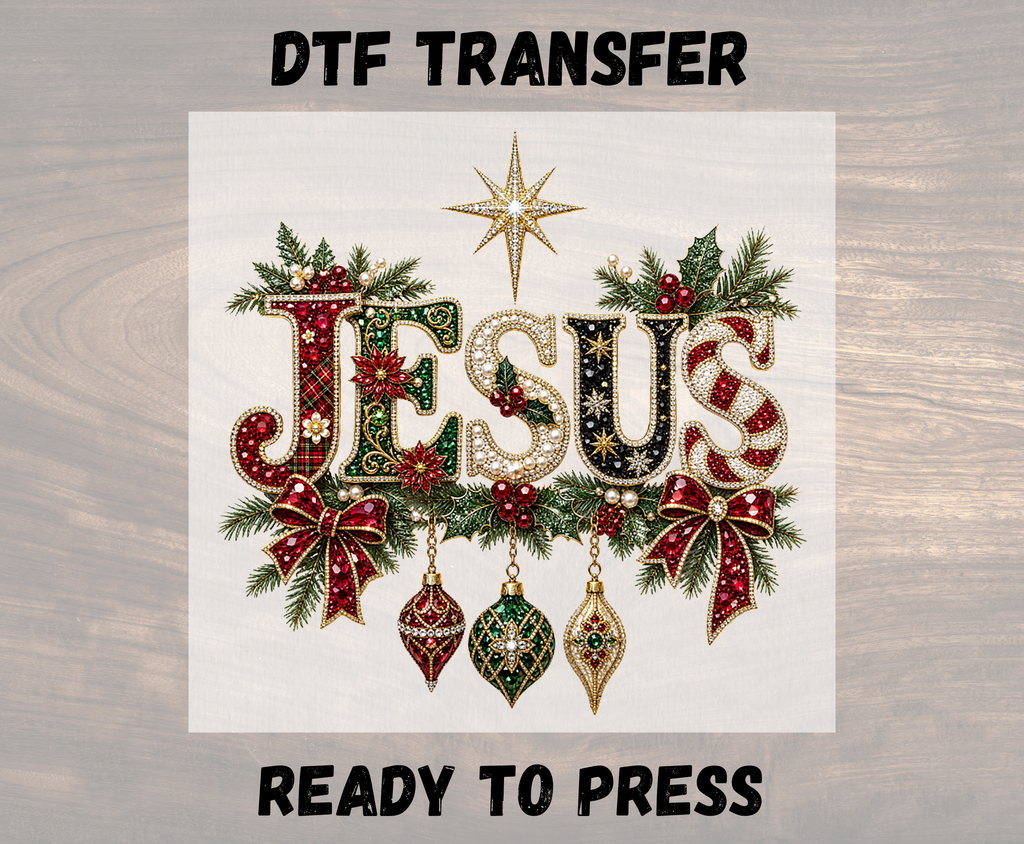 Jesus Christmas DTF Transfer with Faux Rhinestones and Pearl Details - Youth/Adult Direct To Film Transfer