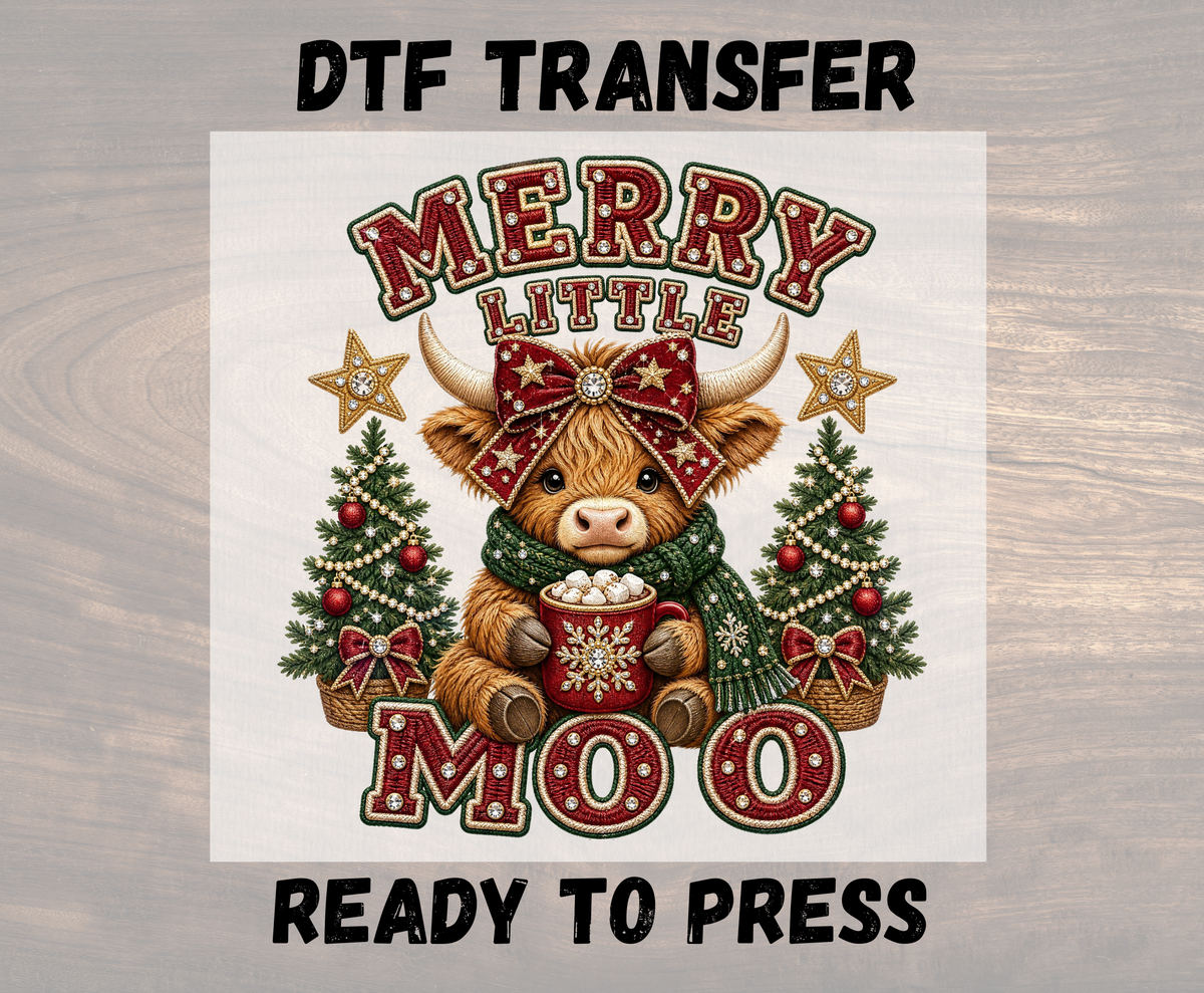 Merry Little Moo Christmas Highland Cow DTF Transfer - Youth/Adult Direct To Film Transfer (Copy)