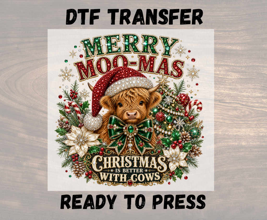 Merry Moo-Mas Highland Cow Christmas DTF Transfer - Youth/Adult Direct To Film Transfer