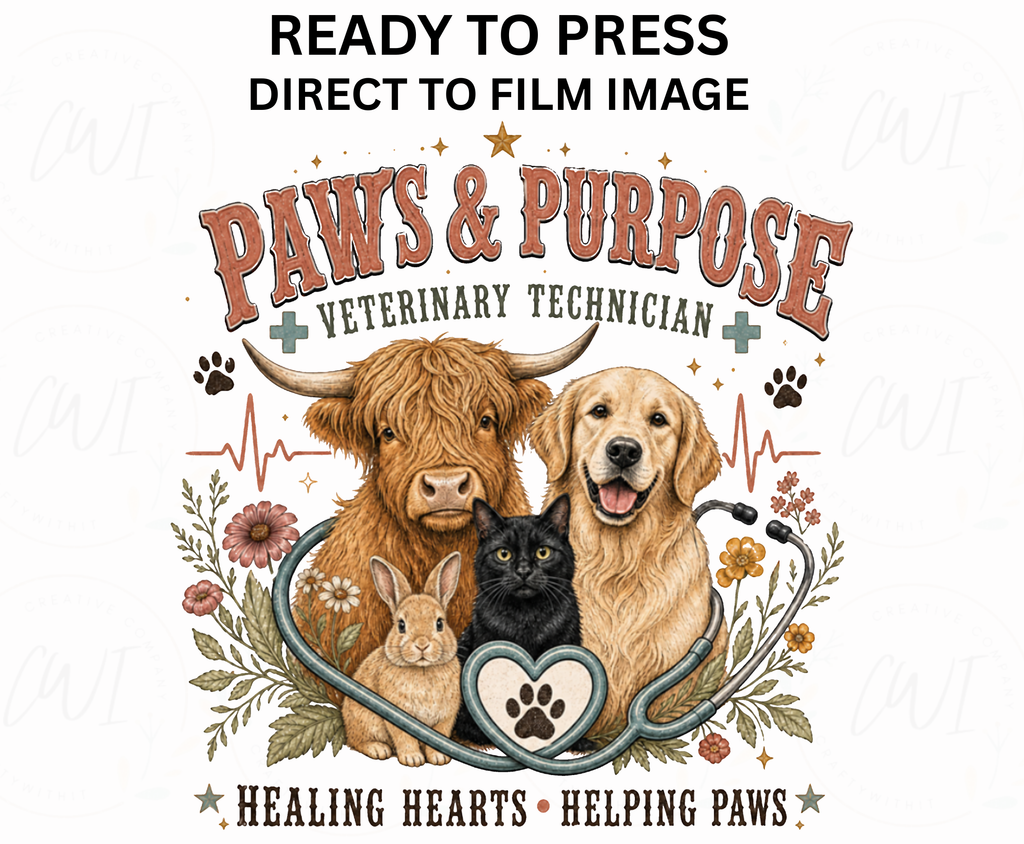 Paws & Purpose Veterinary Technician DTF Transfer - Youth/Adult Direct To Film Transfer