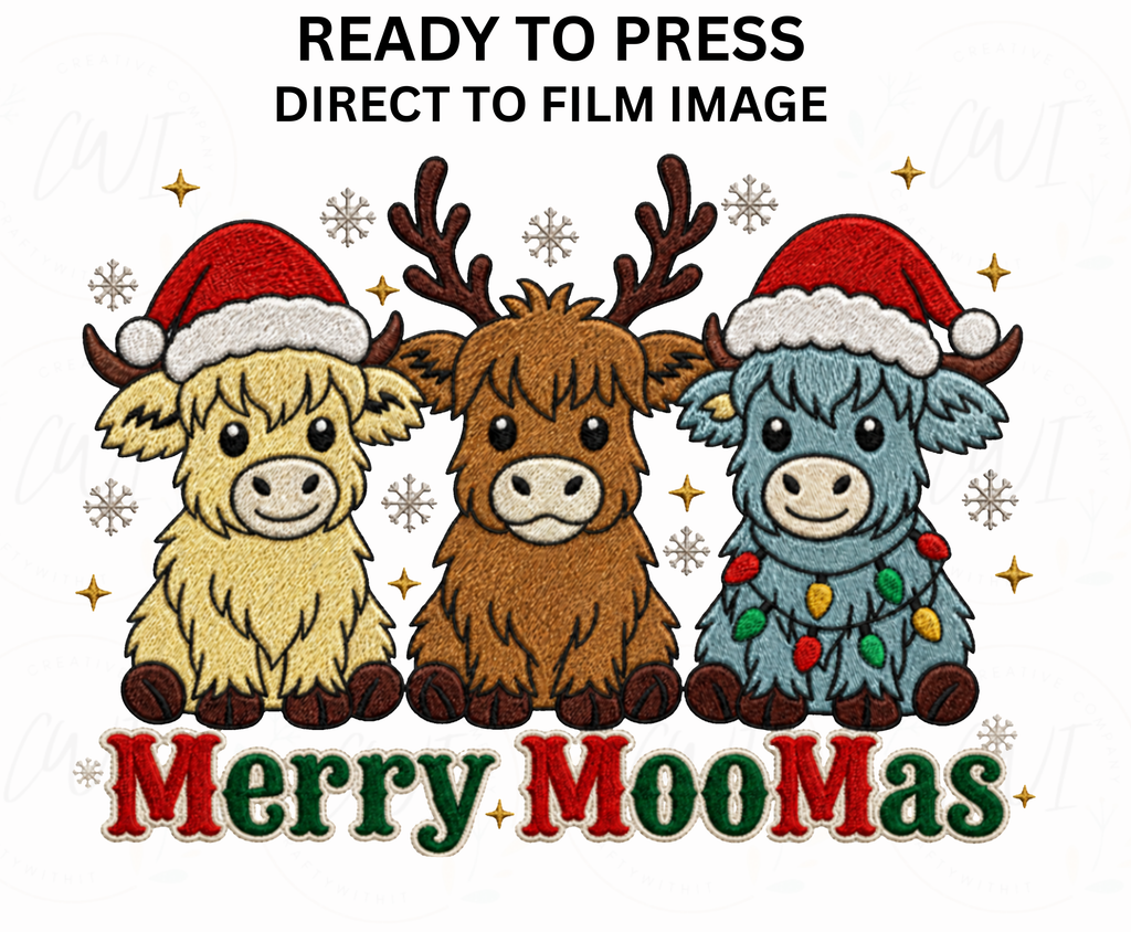 Merry MooMas Highland Cow Christmas DTF Transfer - Youth/Adult Direct To Film Transfer