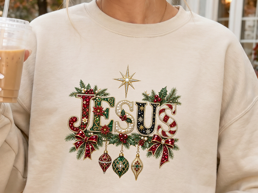 Jesus Christmas DTF Transfer with Faux Rhinestones and Pearl Details - Youth/Adult Direct To Film Transfer