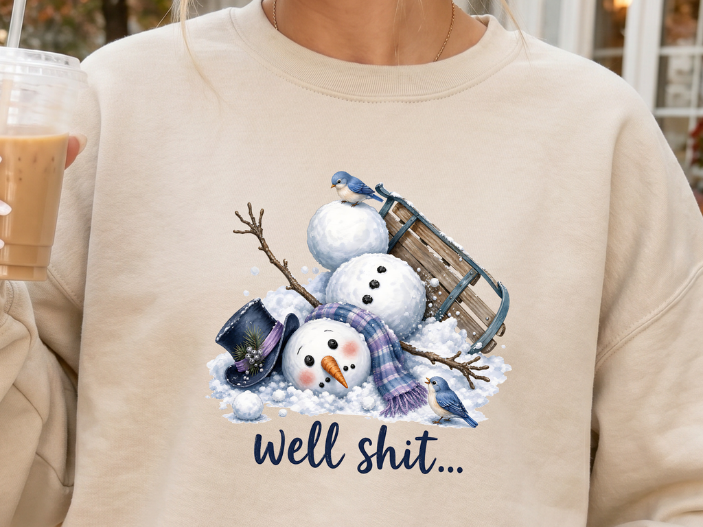 Well Shit Snowman Funny Winter Sled Design - Youth/Adult Direct To Film Transfer