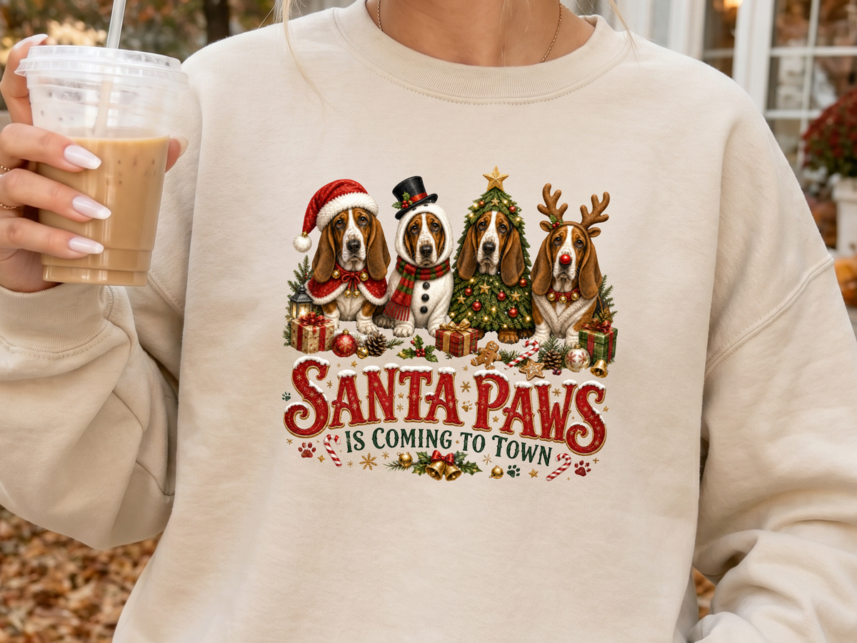 Santa Paws Christmas Basset Hound DTF Transfer - Youth/Adult Direct To Film Transfer