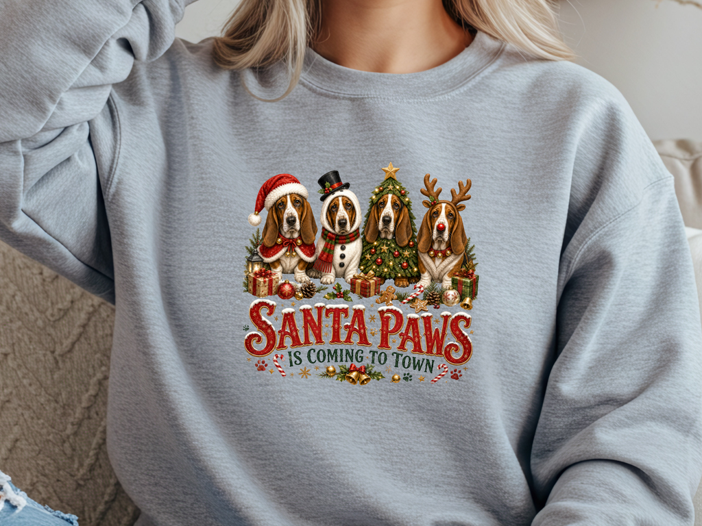 Santa Paws Christmas Basset Hound DTF Transfer - Youth/Adult Direct To Film Transfer
