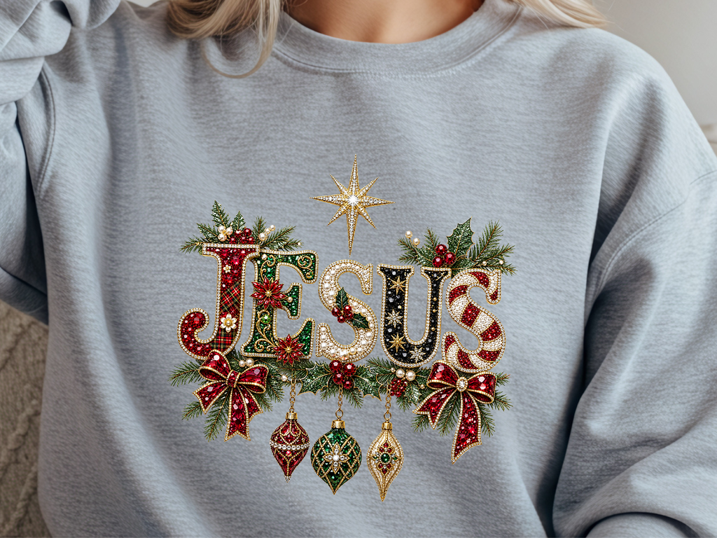 Jesus Christmas DTF Transfer with Faux Rhinestones and Pearl Details - Youth/Adult Direct To Film Transfer