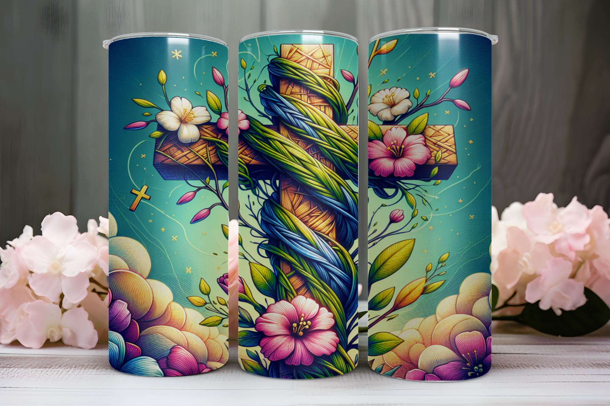 Cross With Flowers - Tumbler Digital Download