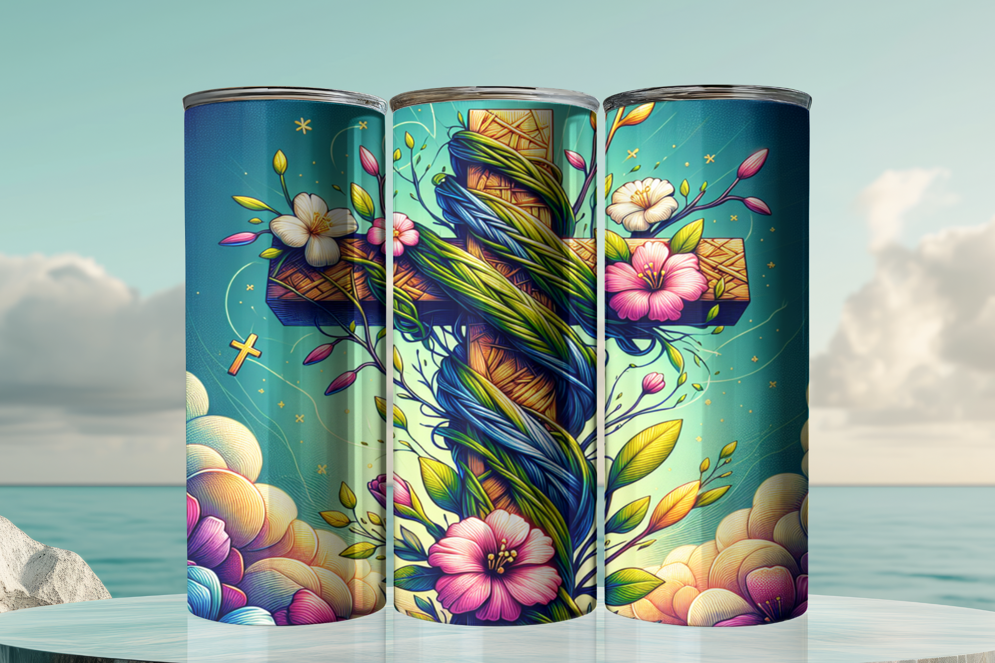 Cross With Flowers - Tumbler Digital Download