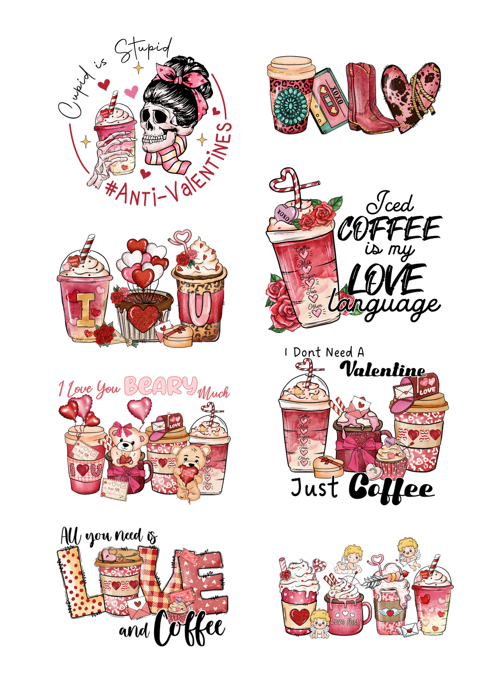 Valentines - Gang Sheet Iced Coffee - DTF Transfer