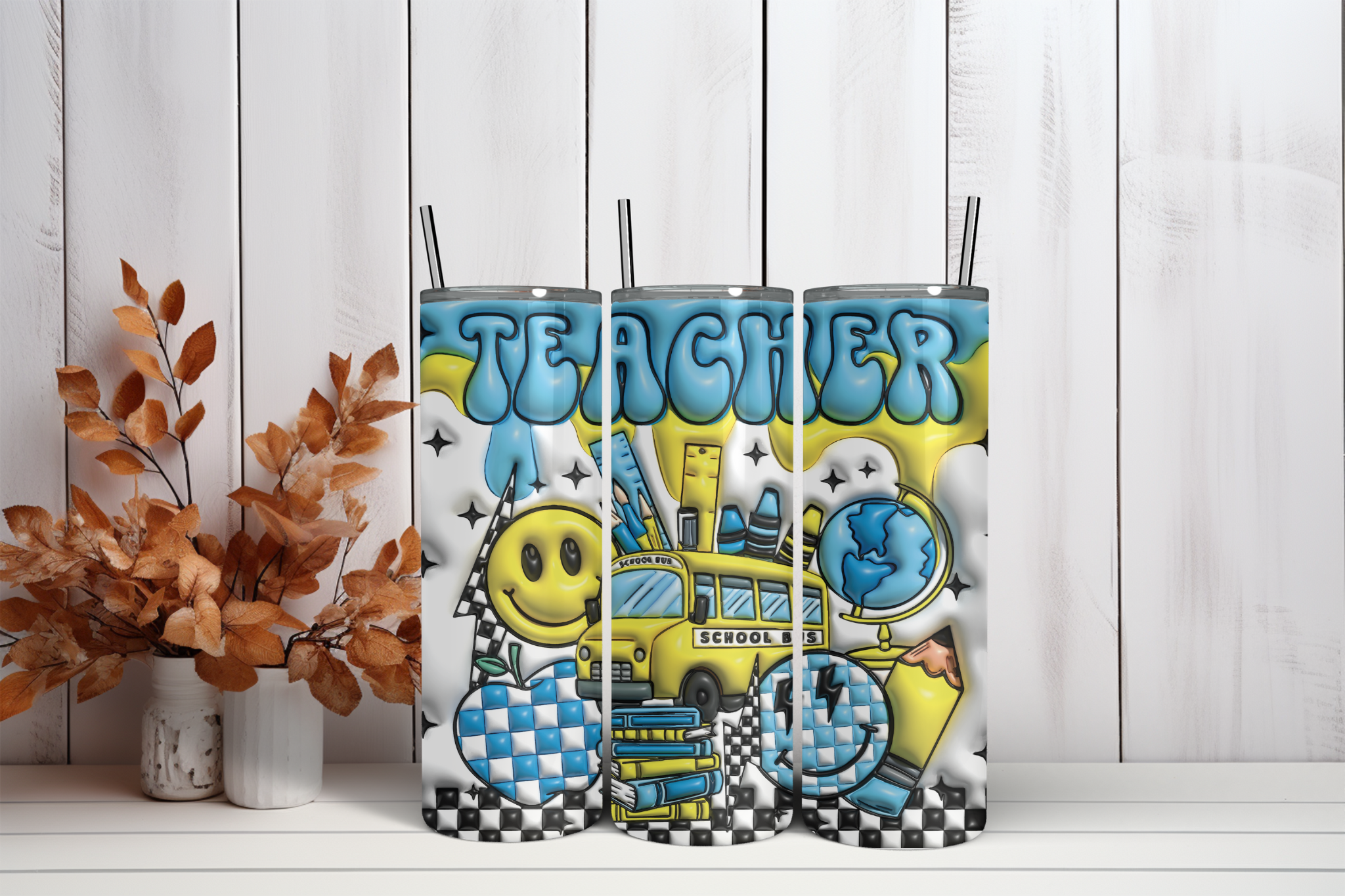 Teacher With School Bus 3D Puff Tumbler