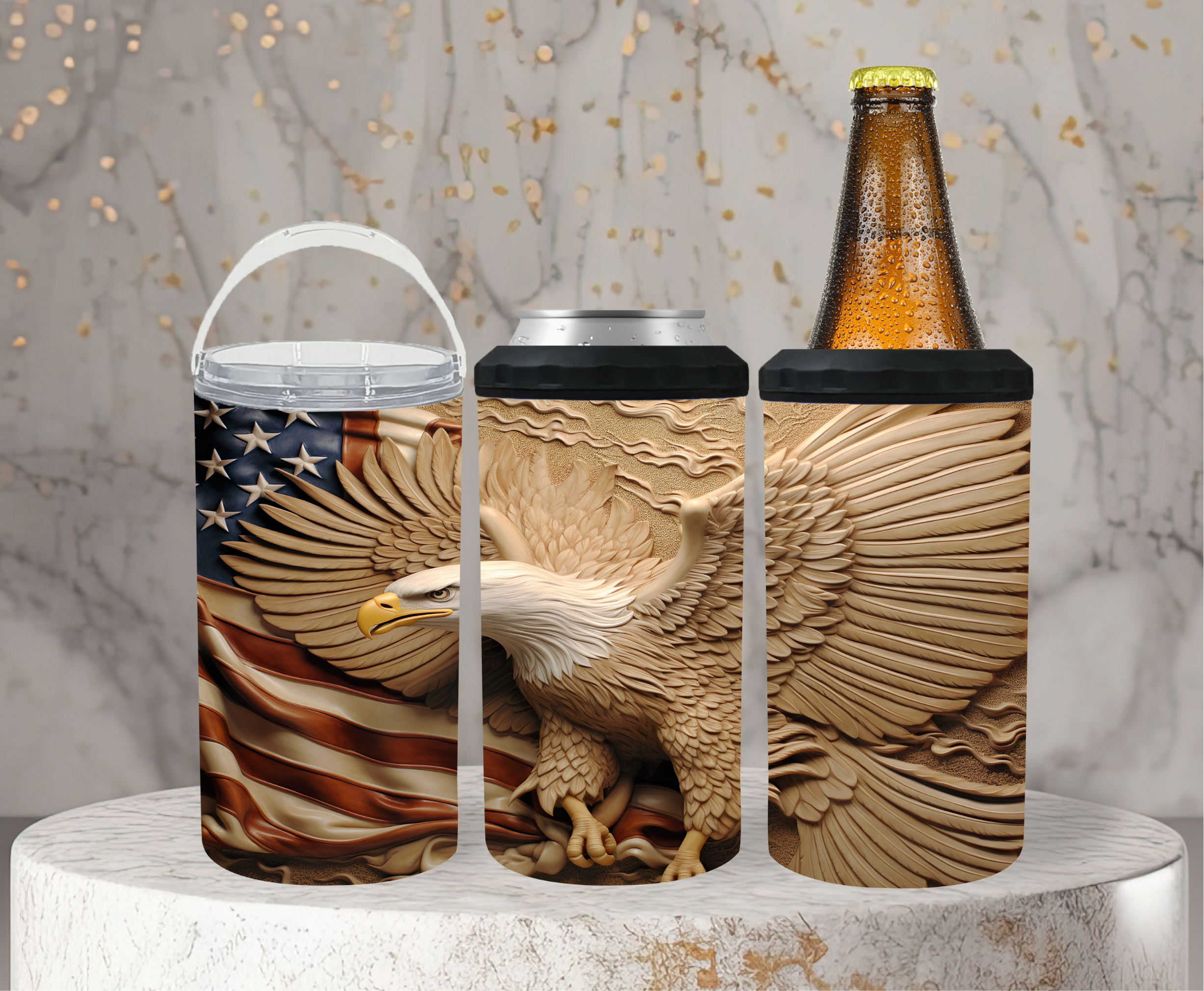 Bald Eagle With American Flag - 4 in 1 Bottle / Can Cooler