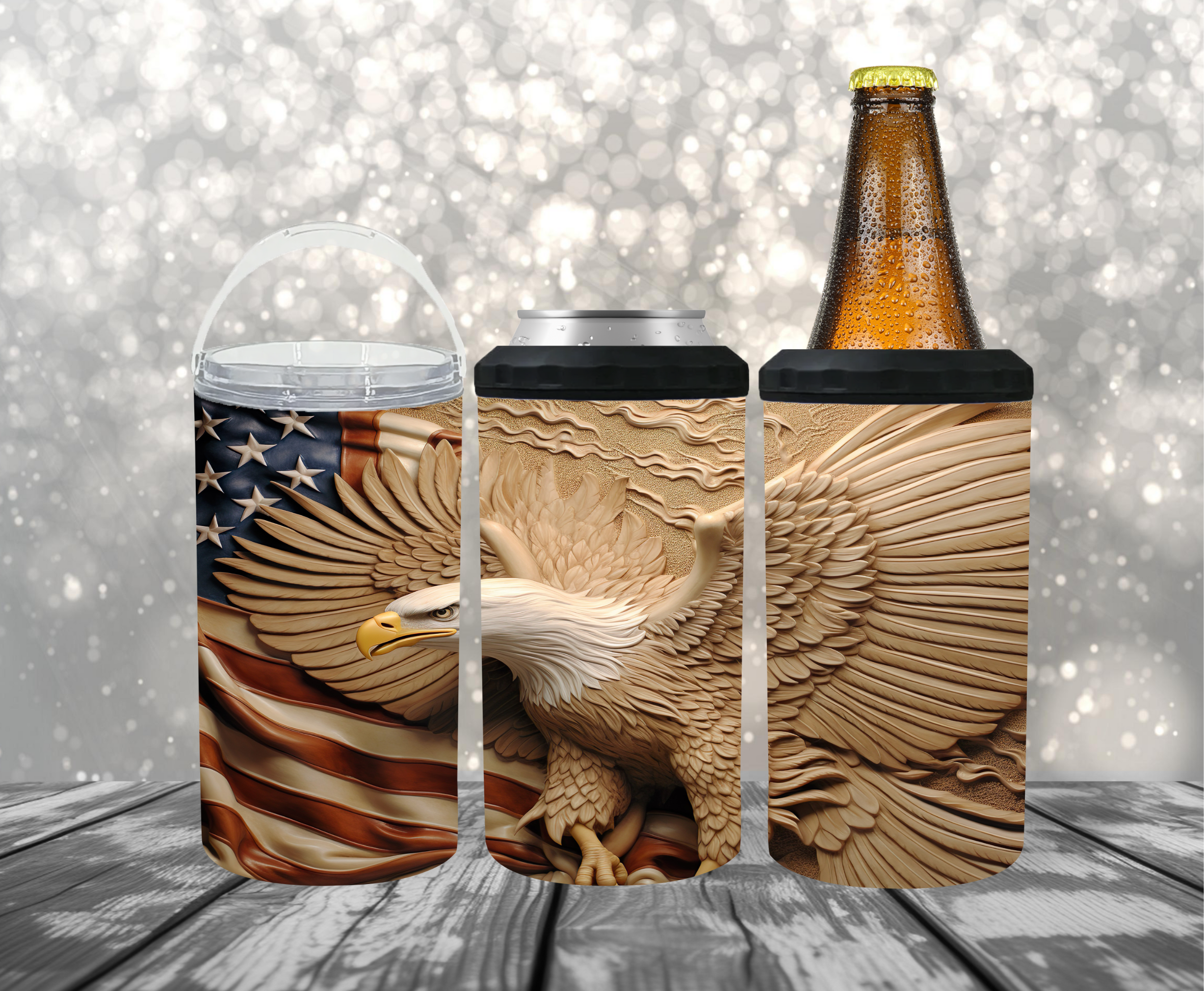 Bald Eagle With American Flag - 4 in 1 Bottle / Can Cooler