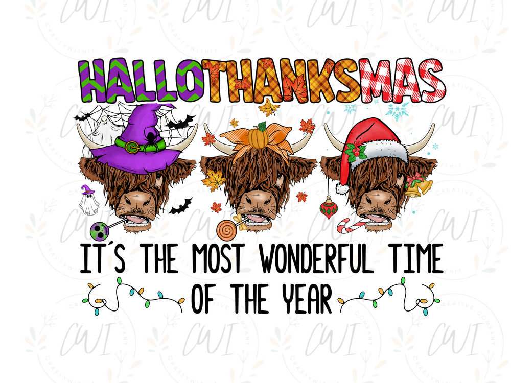 Happy Hallothanksmas Highland Cow - DTF Transfer