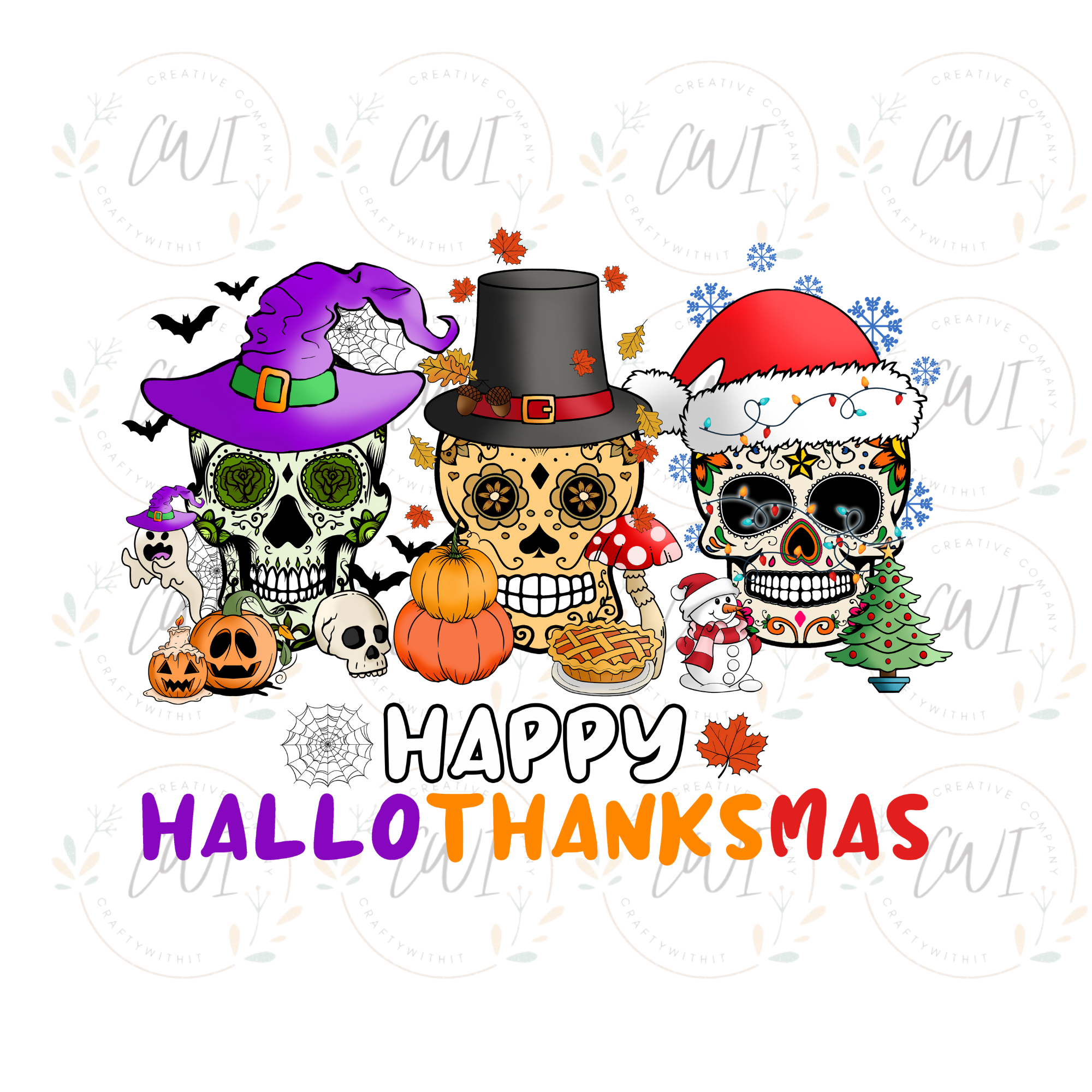 Happy Hallothanksmas Skulls - DTF Transfer