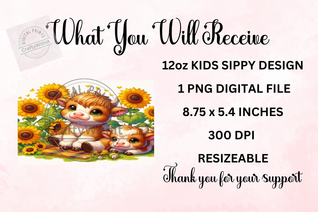 Highland Cow Spring Sunflowers 12oz - Kids Sippy Digital Download
