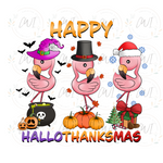 Load image into Gallery viewer, Happy Hallothanksmas Pink Flamingo  - DTF Transfer
