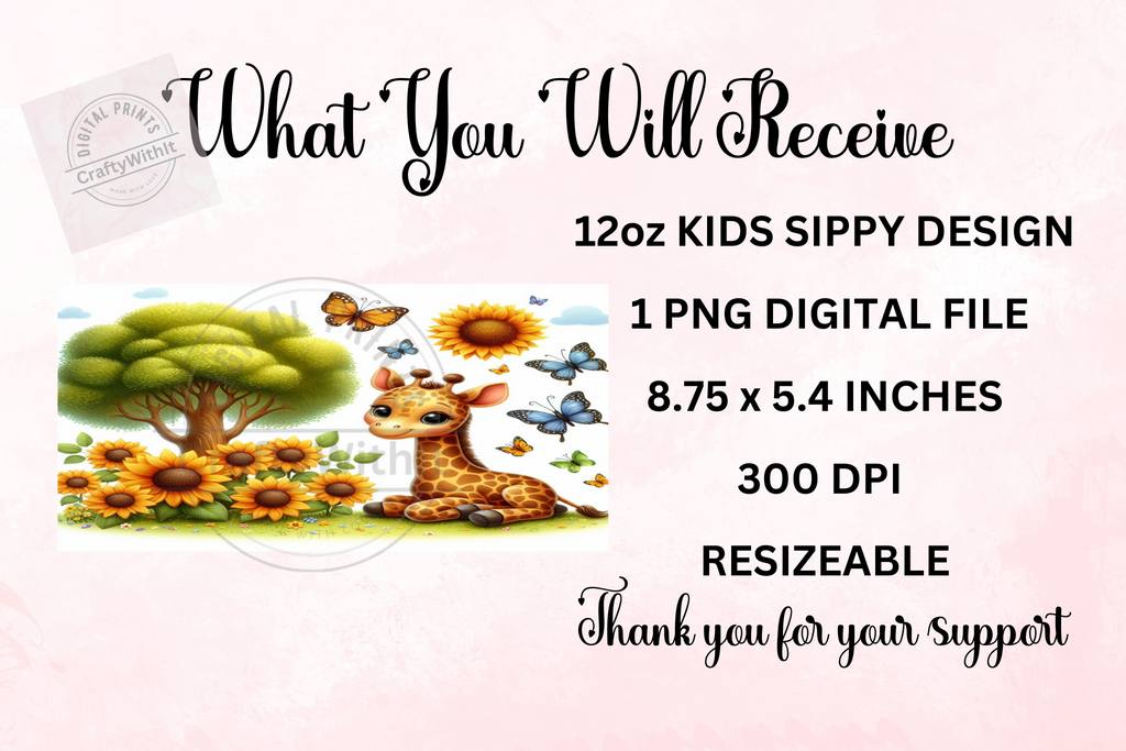 Giraffe With Sunflowers 12oz - Kids Sippy Digital Download