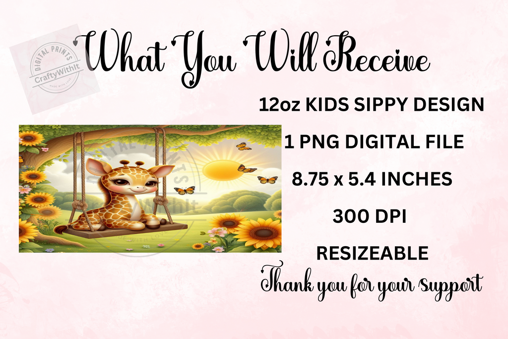 Giraffe On Swing 12oz - Kids Sippy Digital Download