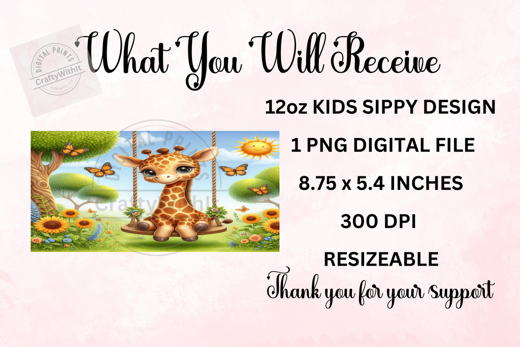 Baby Giraffe On Swing 12oz - Kids Sippy Digital Download
