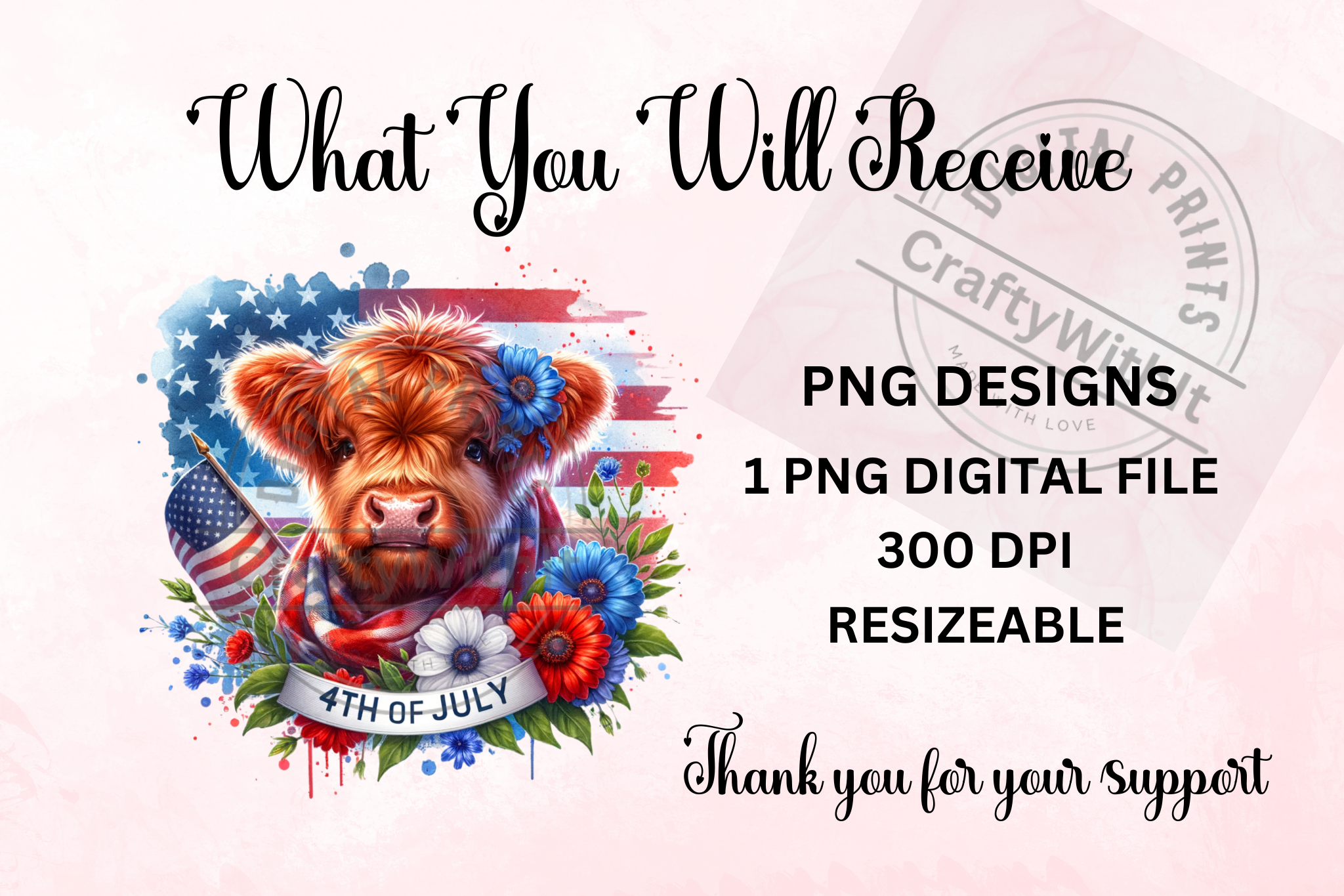 Highland Cow Patriotic Sublimation PNG  - Digital Download