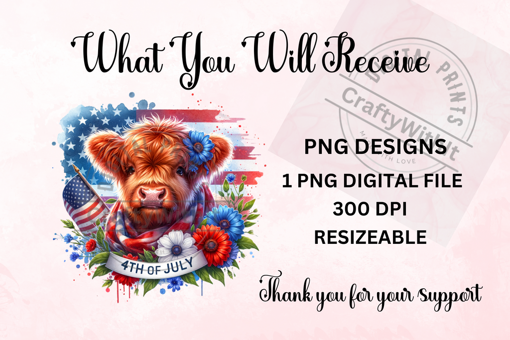 Highland Cow Patriotic Sublimation - PNG Digital Download