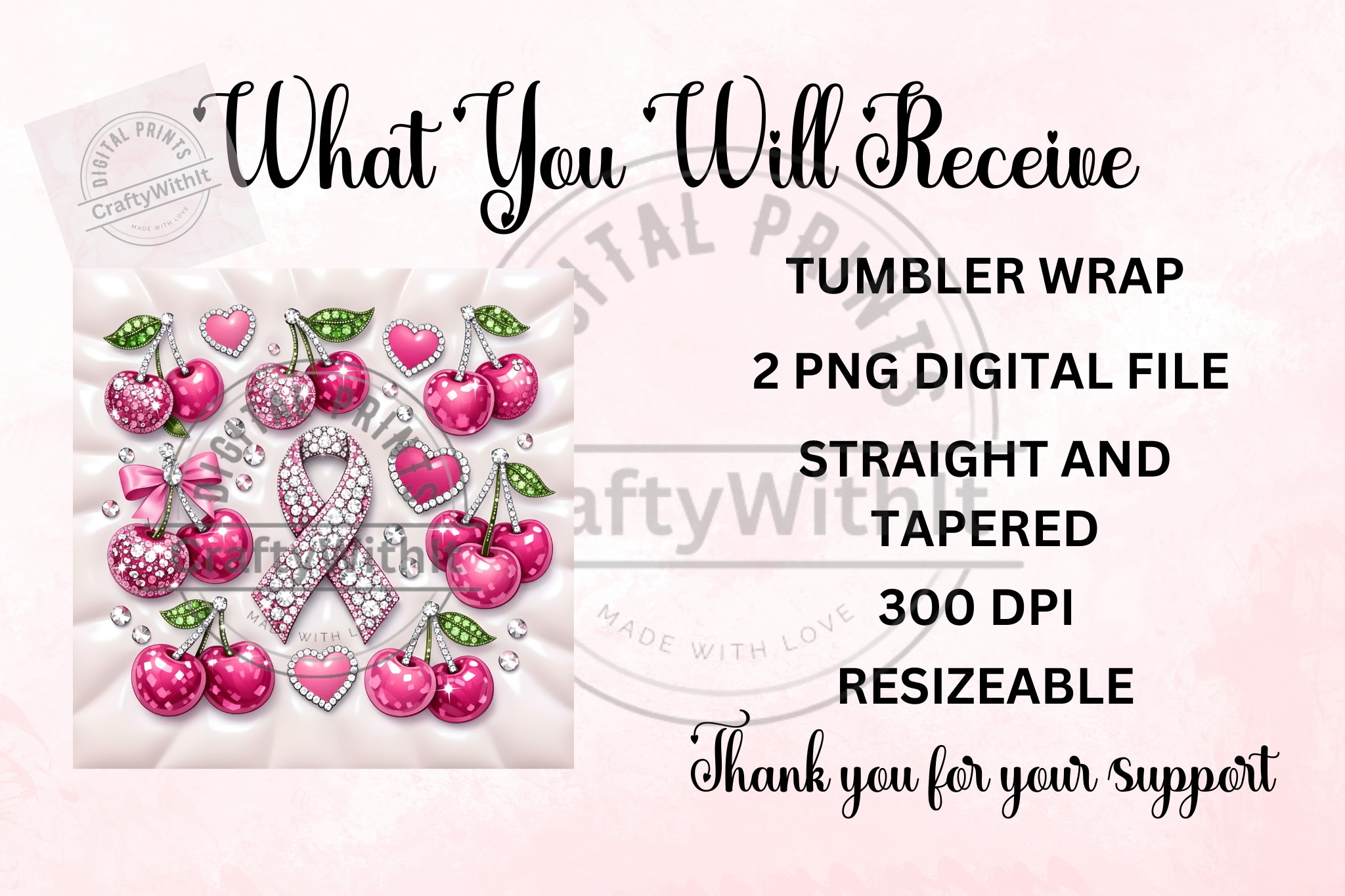Cherry Cancer Ribbon - Tumbler Digital Download
