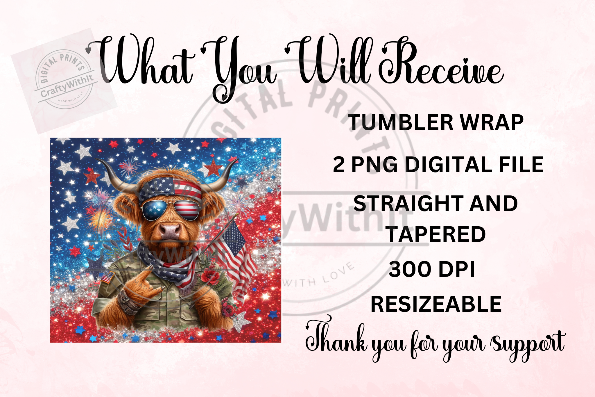 Highland Cow Patriotic Military - Tumbler Digital Download