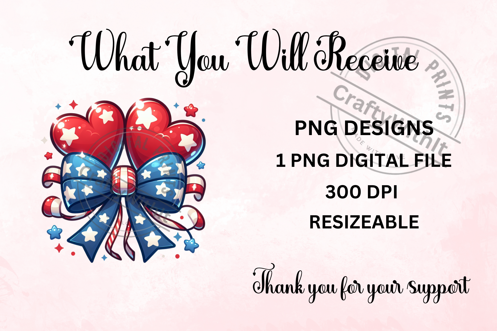 Patriotic Hearts Balloon With Bow - PNG Digital Download