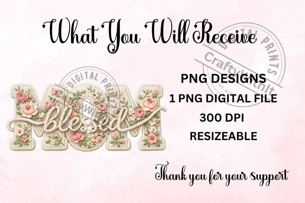 Blessed Mom Embroidered Yarn - PNG Digital Download