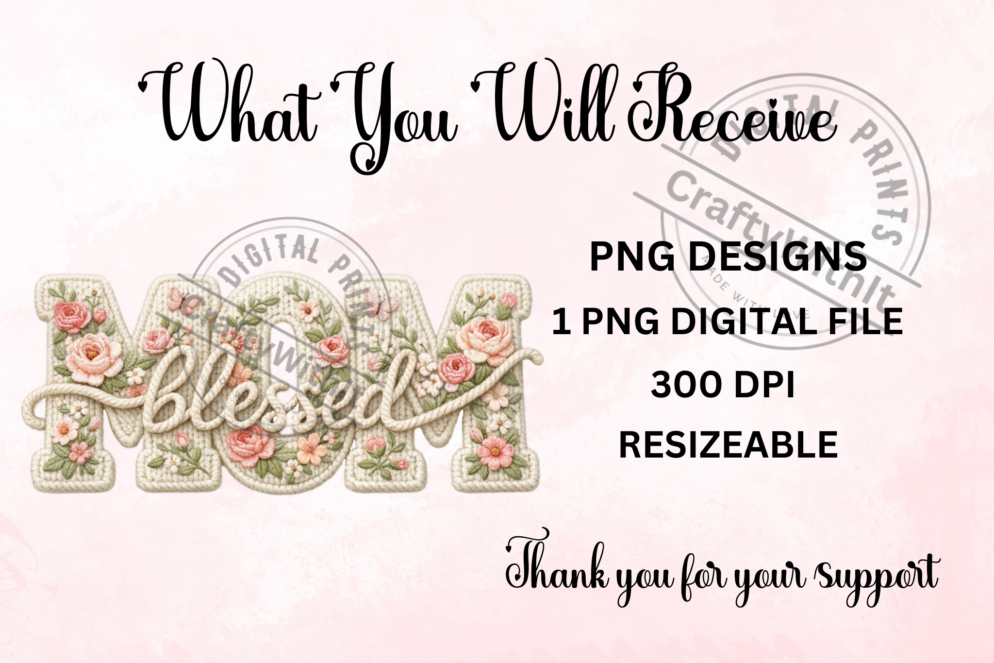 Blessed Mom Embroidered Yarn - PNG Digital Download