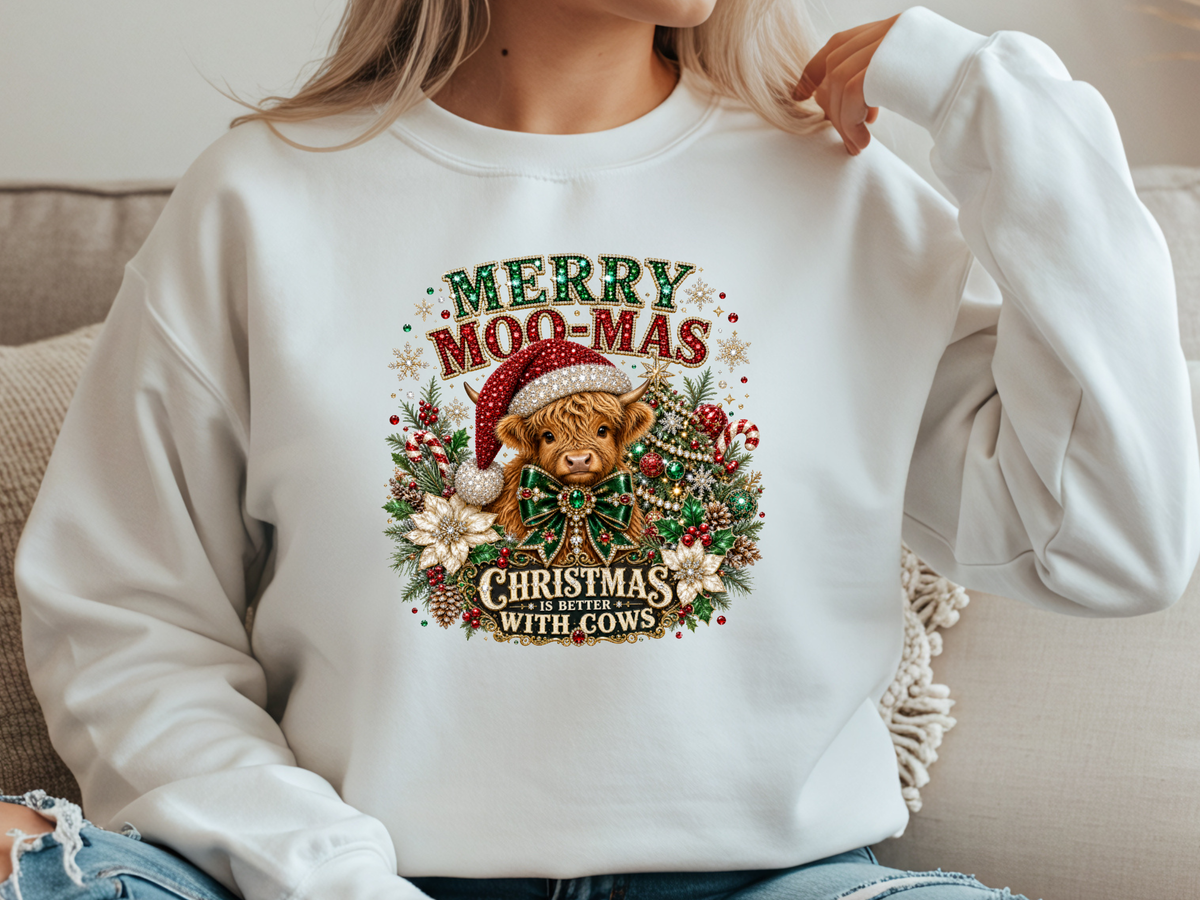 Merry Moo-Mas Highland Cow Christmas DTF Transfer - Youth/Adult Direct To Film Transfer