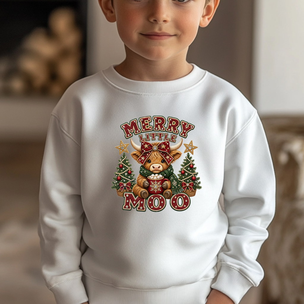Merry Little Moo Christmas Highland Cow DTF Transfer - Youth/Adult Direct To Film Transfer (Copy)