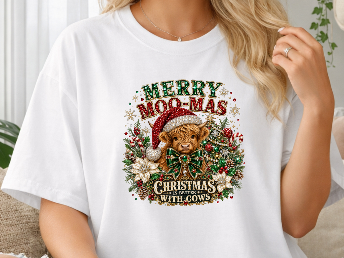 Merry Moo-Mas Highland Cow Christmas DTF Transfer - Youth/Adult Direct To Film Transfer