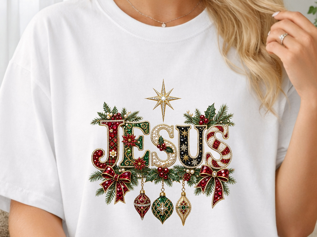 Jesus Christmas DTF Transfer with Faux Rhinestones and Pearl Details - Youth/Adult Direct To Film Transfer